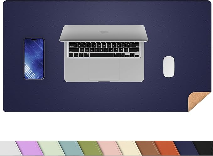 AFIING Dual-Sided Desk Pad, Natural Cork & PU Leather Large Mouse mats for Office and Home Work, Desk Protector Non-Slip, Waterproof, Easy Clean (Blue, 23.6" x 13.7")