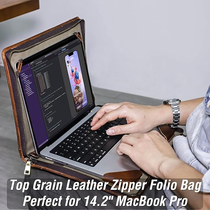 Top Grain Leather 14.2" Slim Laptop Zipper Folio Case Bag, Vintage Design & 2 Pockets, Handmade, Compatible with MacBook Pro 14" 2021 2022 M1 Pro/M1 Max A2442 & Other PC, Brown 14.2 Inch