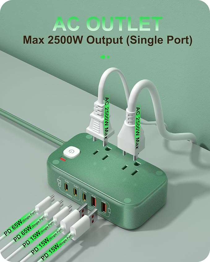 Surge Protector Power Strip with USB Ports, 7-in-1 65W Desktop Charging Station Outlet Extender with 2 AC Outlets, 3 USB-C and 2 USB-A Ports for Laptop/Phone and More