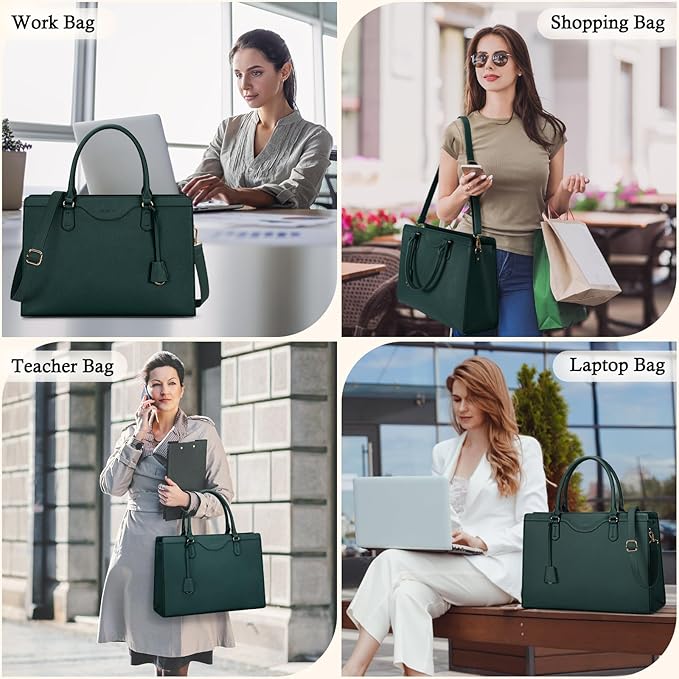 RAINSMORE Laptop Bag for Women 15.6 Inch Waterproof Leather Computer Tote Bag Professional Business Office Work Bags Briefcase Large Capacity Lightweight Women Handbag Shoulder Bag, Dark Green