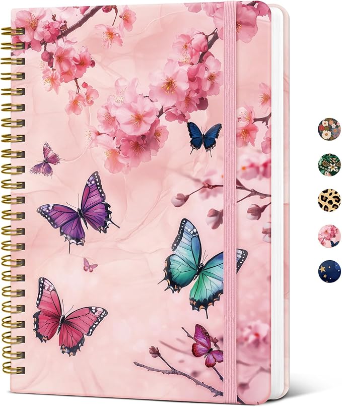 Lined Spiral Journal Notebook for Women, Pretty A5 College Ruled Hardcover Notebook for Work & Note Taking, Cute Aesthetic Journal for Writing, 140 Pages, Pink Floral & Butterfly