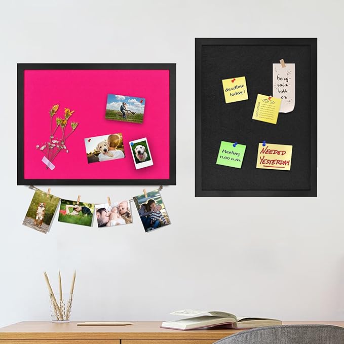 Pink Bulletin Boards Cork Board with Felt, 17"x13" Large Display Pin Board Vision Board for Walls, Jewelry, Notes, Collection, Photos, Office, Wood Framed(Black) & Felt(Pink), 2pc