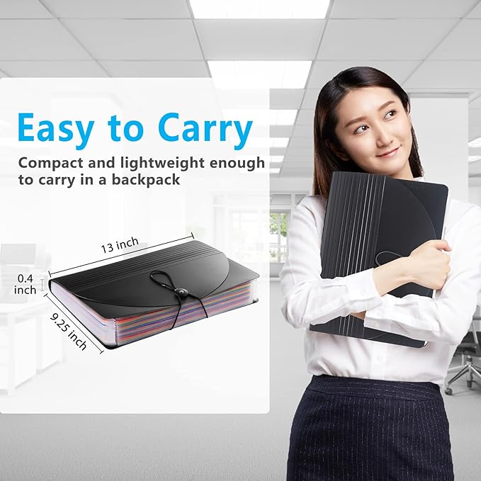 Sooez Accordion File Organizer, 12 Pockets Expanding File Folder, Portable Monthly Paper Bill Tax Receipt Organizer, Letter A4 Size Document Holder with Blank Labels, Black