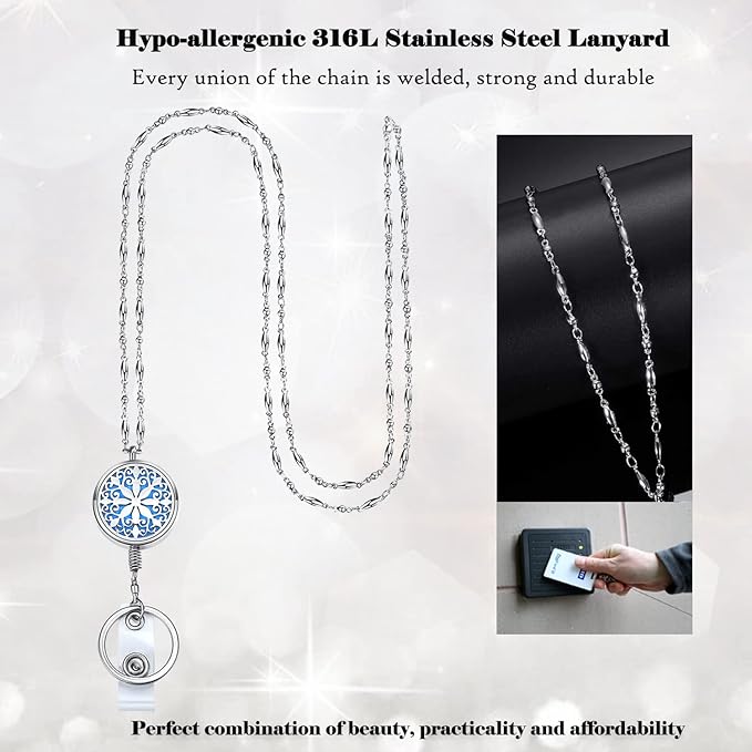 Retractable Lanyard ID Badge Holder Retractable Lanyards for ID Badges Women Cute Teacher Lanyard Necklace Nurse Accessories Work Diffuser Jewelry Strong Silver Chain Badge Reels Employee Mandala