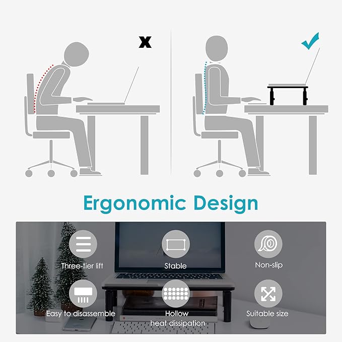 Monitor Riser Desktop Stand, Flat Screen TV Monitor Stand Riser, Sturdy Metal Laptop Computer Monitor Stand Shelf for Printer, iMac, 3 Height Adjustable PC Stand with Mesh Platform