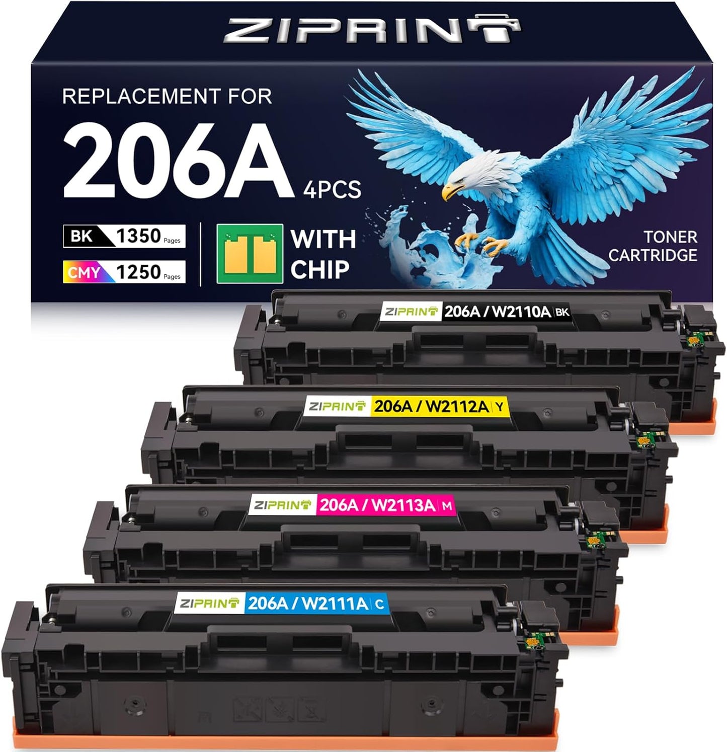 ZIPRINT 206A Toner Cartridges 4 Pack Compatible Replacement for HP 206A 206X for Color Laserjet Pro MFP M283fdw M283cdw M283fdn M282nw Pro M255dw M255nw M283 M255 Printer W2110A W2110X (with chip)