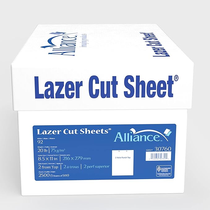 Prepunched Paper Alliance Laser Cut Sheet 2 Hole Top Punch 8.5 x 11 inch, 20 lb, 92 Bright, 2500 Sheets