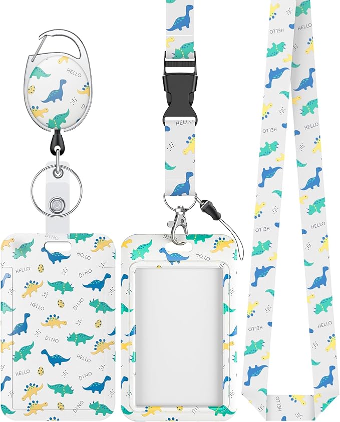 Uniclife Fashionable Sliding Badge Holder Cartoon Dinosaur Plastic Case with Retractable Badge Reel Carabiner Clip & Detachable Lanyard Strap Vertical Card Protector for Women Nurse Teacher Student