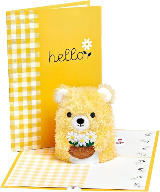 Lovepop Plushpop Soft Animal Pop-Up Card for Her and Him - 3D Bear Thinking of You Greeting Card for Boys, Girls, Men, Women - Hello - 6" x 8" Card - Yellow
