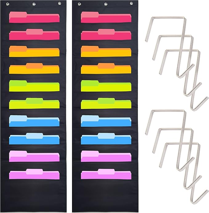Hippo Creation Heavy Duty Storage Pocket Chart for Classroom, 10 Pocket Storage Organizer with 6 Over-Door Hangers, Hanging Wall Organizer for File Folders, School Mailbox, Home Office Papers - Black