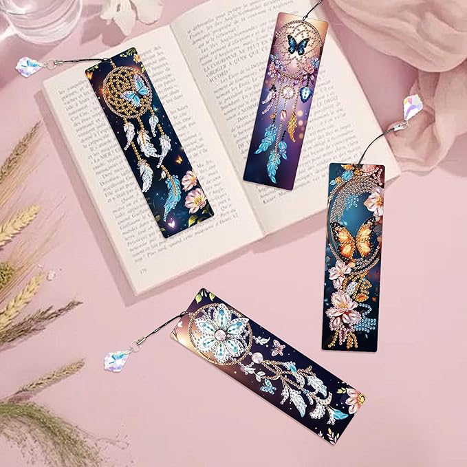 4 Pieces Diamond Painting Bookmarks for Adults 5D Rhinestone Art Bookmarks Dreamcatcher Art Beautiful Butterfly Bookmarks DIY Diamond Painting Bookmarks with Tassels Crafts Supplies