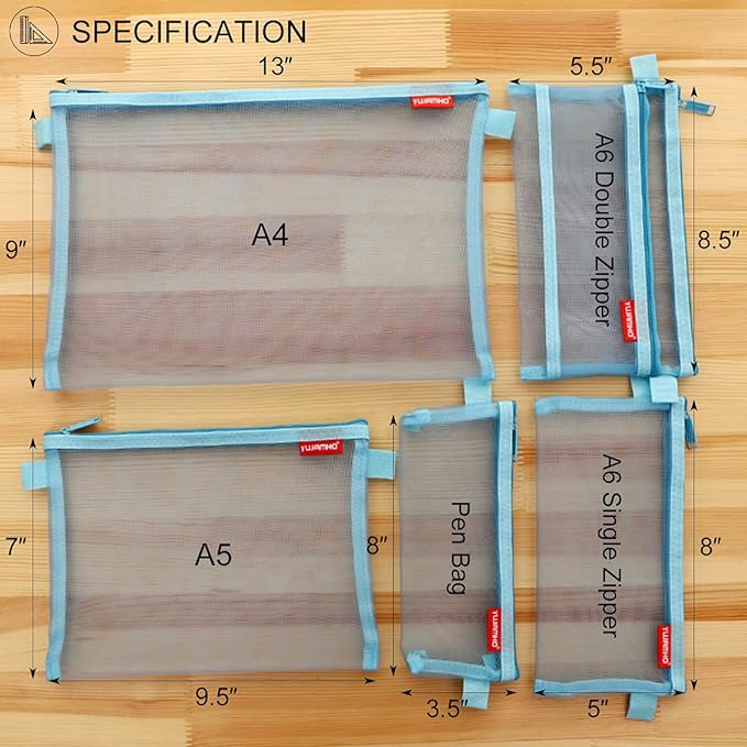 Pendancy Mesh Zipper Pouch 5pcs Lightweight Nylon File Folders Document Organizer Cosmetic Bags Accessories Storage for Travel and Office Supplies (Blue, A4 A5 A6)