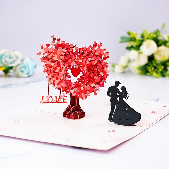 3D Romantic Pop-Up Anniversary Card for Couple, Love Tree Hearts Couple Love Pop Card for Wife or Husband, Perfect PopUp Wedding Card for Valentine's Day or Anniversary