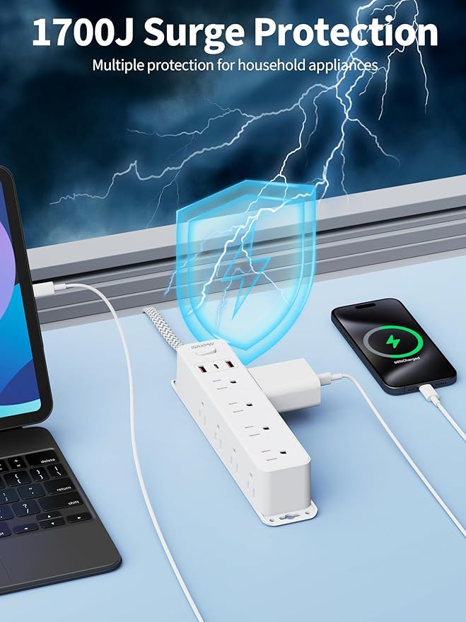 Surge Protector Power Strip with 12 Outlets and 3 USB Ports (1 USB C), 5 Ft Braided Flat Plug Extension Cord, Wall Mount Outlet Extender, 1700 Joules, Desk Charging Station for Home Office Dorm, White