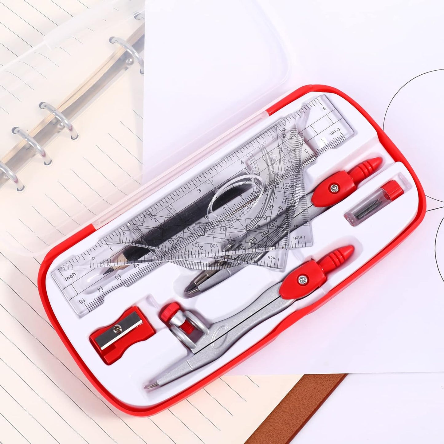 Math Geometry Kit Sets 10 Piece Student Supplies with Shatterproof Storage Box,Includes Rulers,Protractor,Compass,Eraser,Pencil Sharpener,Lead Refills,Pencil,for Drafting and Drawings（Red）