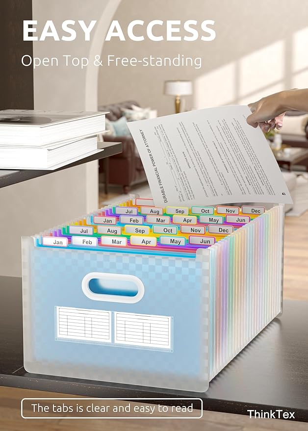 ThinkTex 26 Pockets Expanding File Folder, Upright & Open Top, A-Z Colorful Tabs, Larger Capacity Accordion Folder, Letter/A4 Size for School, Home and Office - Blue