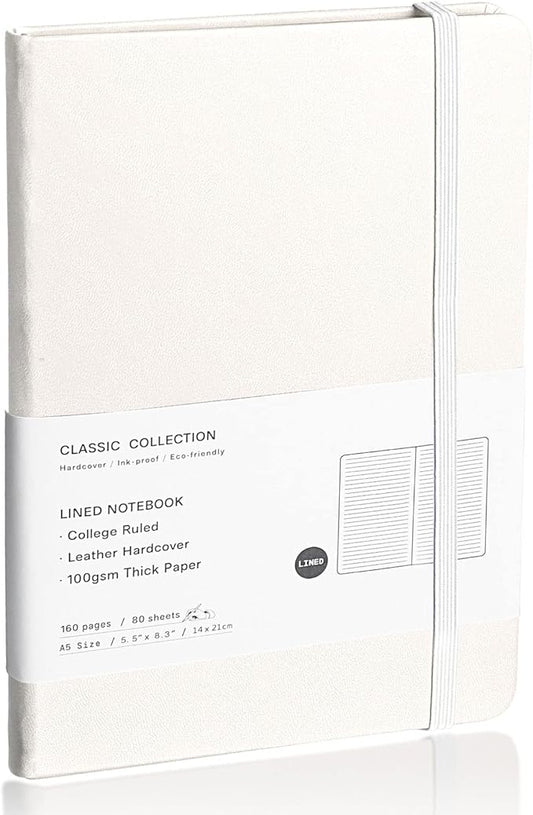 Lined Journal Notebook, (White), 160 Pages, Medium 5.7 inches x 8 inches - 100 gsm Thick Paper, Hardcover