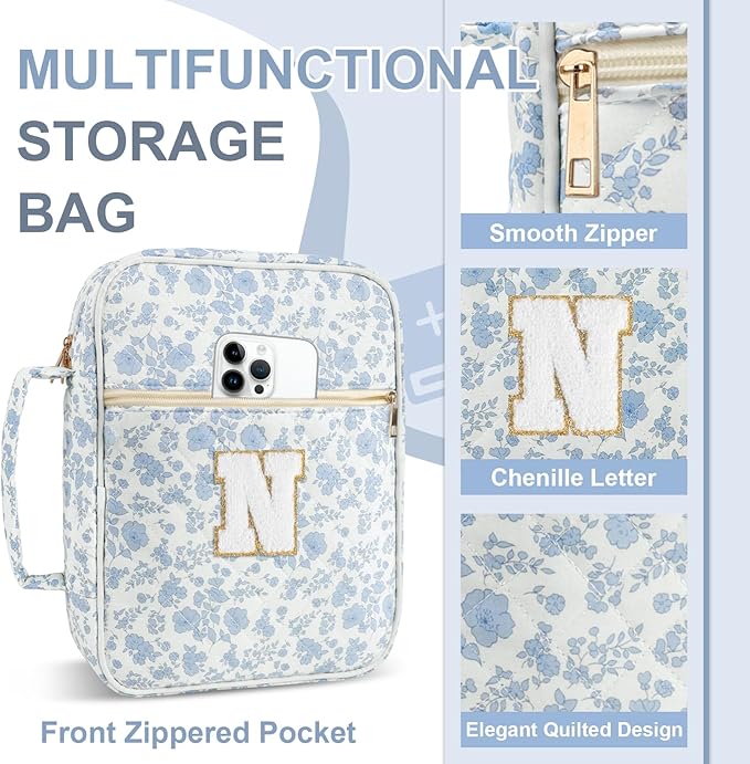 Personalized Initial Bible Cover Case for Women Girls Kid - Large Quilted Bible Case with Handle, Stylish Chenille Letter Bag Study Supplies, Perfect Christmas Gifts for Christians (Blue Flower-N)