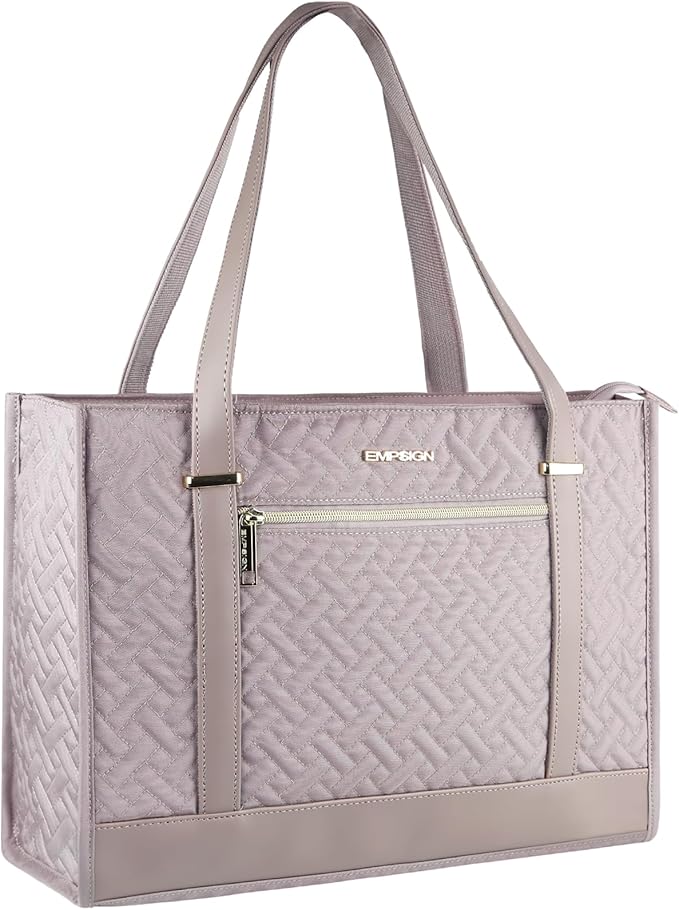 EMPSIGN Laptop Tote bag for women 16 Inch, Stylish Computer Shoulder Tote Bag for Work, Large Capacity Quilted Laptop Briefcase, Waterproof Women Business Office Bag, Quilted Grey Pink