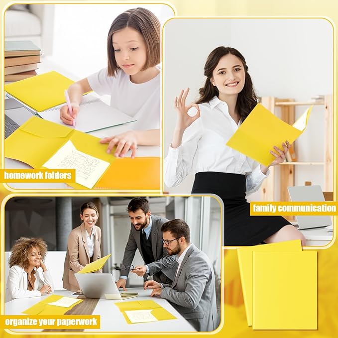 Gueevin 50 Pcs Plastic Folders with Pockets, Two Pocket Folder Fit Letter Size, Heavy Duty School Business Card Holder for Home Office School Bussiness, 11.61 x 9.45 Inches (Yellow)