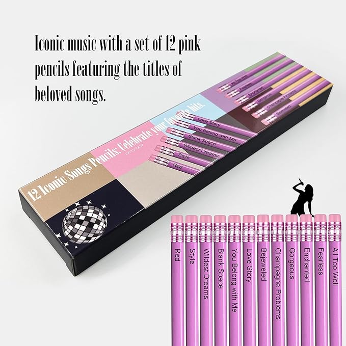 GIFTSFARM Taylor 12 Iconic Hits Pencil Set, Pink Gift Merch for Music Lovers, Gifts for Birthday Girls, Pink Pencils