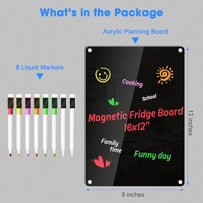 Acrylic Dry Erase Blackboard for Fridge Meal Planner Menu Board for Kitchen to do List Shopping List Grocery List Family Dinner Refrigerator Chore Chart Board 2024 Planning Board, Black