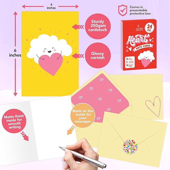 Decorably 24 Pack 4x6in Heart Note Cards with Envelopes and Stickers, 12 Charming Designs Heart Card, Blank Inside - Valentine's Day, Mother's Day, Birthday