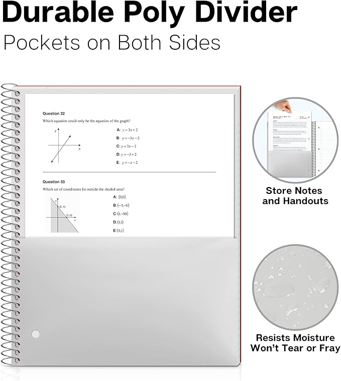 Dunwell 1 Subject College Ruled Notebooks, (3-Pack, Red, Blue, Black) Spiral Notebooks 8.5 x 11, Plastic Covers, Poly Pocket Dividers, 100 Sheets (200 Pages), 3-Hole Punched Perforated Paper