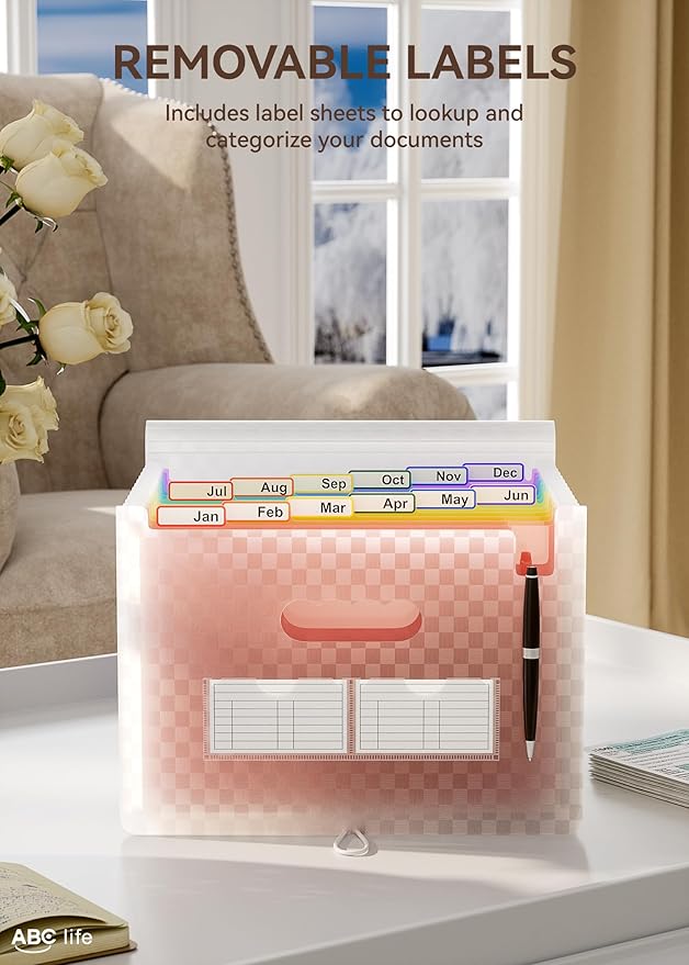 ABC life 12 Pockets Accordion File Organizer Expanding File Folders, Portable Monthly Bill Receipt Document Organizer, Expandable Accordian Filing Folder Letter A4 Size, Colored Tabs (Pink)
