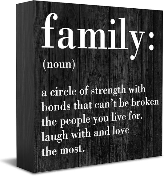 Family Noun Family Quotes Desk Decor Wooden Box Sign Inspirational Rustic Black Wood Block Plaque Box Sign for Home Farmhouse House Kitchen Bathroom Living Room Shelf Table Decoration