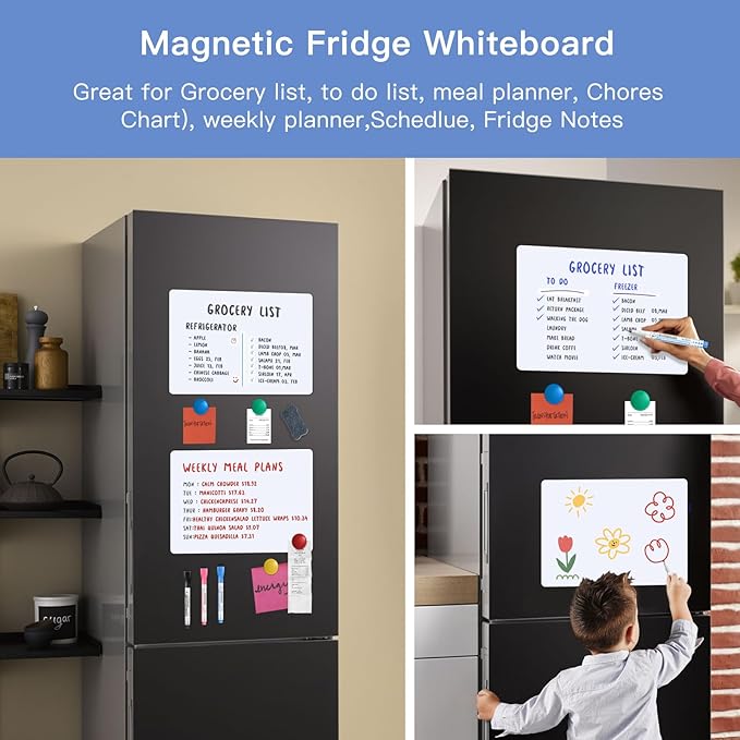 Magnetic Fridge Whiteboard Set: Dry Erase White Board (12X8), Magnets (Bonus), Markers & Erasers