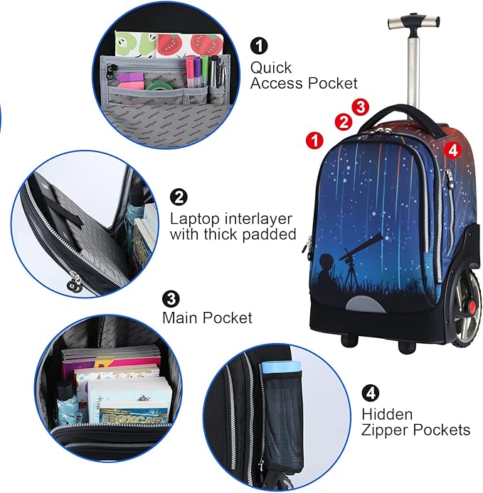 UNIKER Rolling Backpack without Straps for Boys, Roller Travel Bag,Wheeled Bookbag High School,Trolley Middle School Bag for Teens,Schoolbag with Wheels
