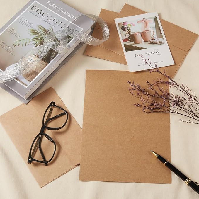 Wishop 50 Pack Self-Adhesive Envelopes with Fold Cards for Wedding Invitations, Greeting Cards, Baby Shower, Letter Mailing (Brown, 4x6)