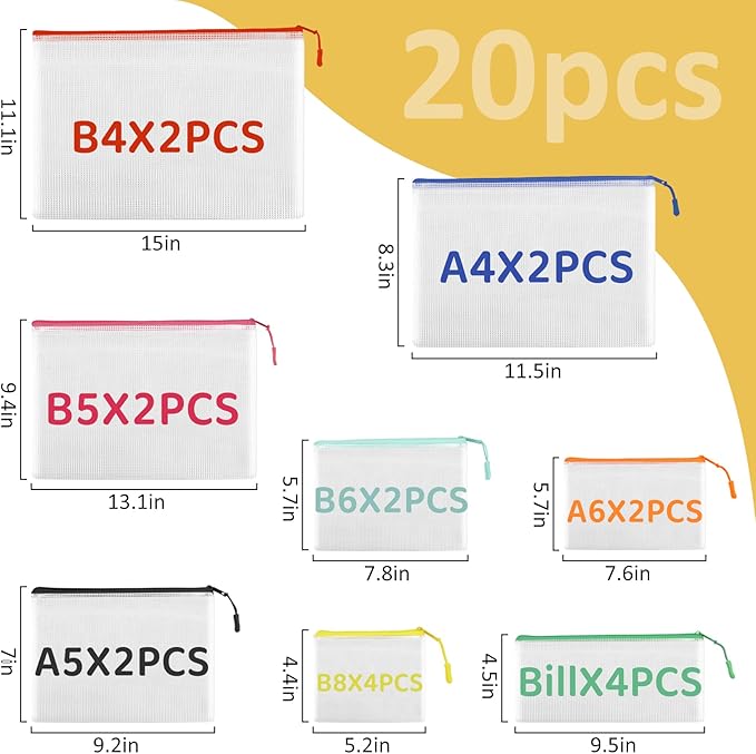 20pcs Mesh Zipper Pouch Bags, Zipper Bags for Office Supplies,12 Colors for Puzzles Board Game Storage, 8 Sizes for Reusable Plastic Zip Organizer for Travel