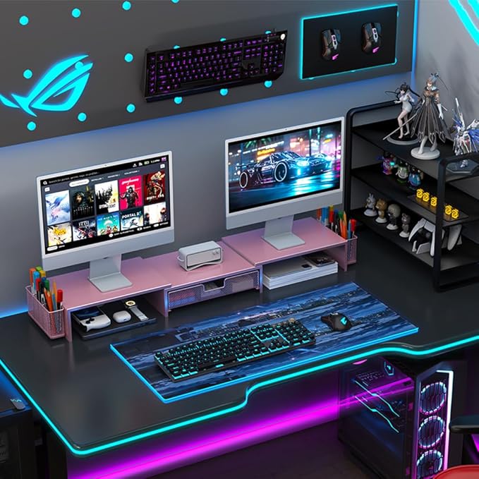 gianotter Dual Monitor Stand Riser, Desk Organizer With Drawer and 2 Pen Holders,Desk Organizers and Accessories, Pink Office Supplies (Pink)