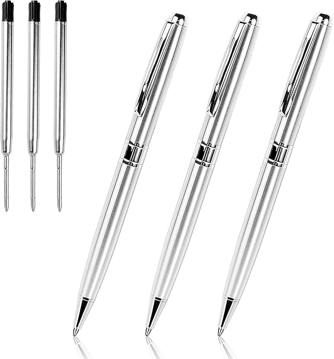 Cambond Ballpoint Pens Metal Pen - Silver Pens Black Ink Nice Pens for Gift Business Men Police Flight Attendant 1.0 mm Medium Point Office Pens, 3 Pens with 3 Refills (Silver)