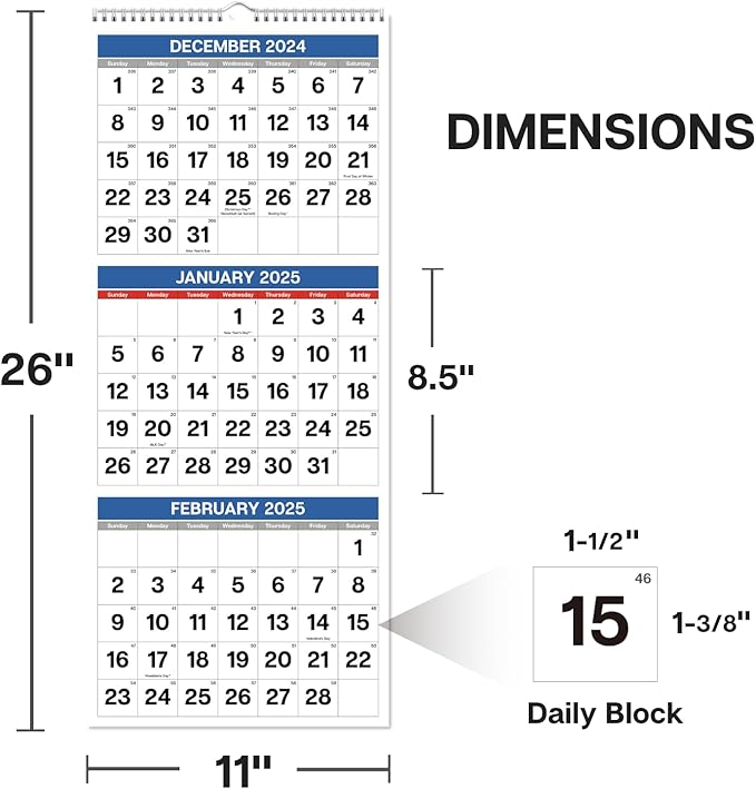 Dunwell Three Month View Calendar 2025 (Blue), 11x26" Open, 3-Month Wall Calendar Vertical, Use to December 2025, Tri Panel Calendar, Ships Folded