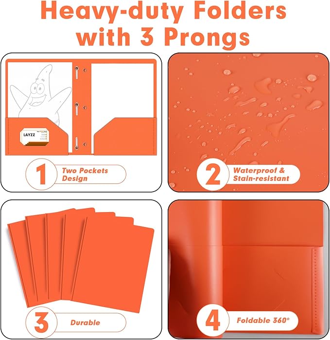 Plastic 2 Pocket Folders with Prongs, 30 Pack, Heavyweight, Letter Size Poly Folders with 3 Metal Prongs Fastener Clips (Orange)