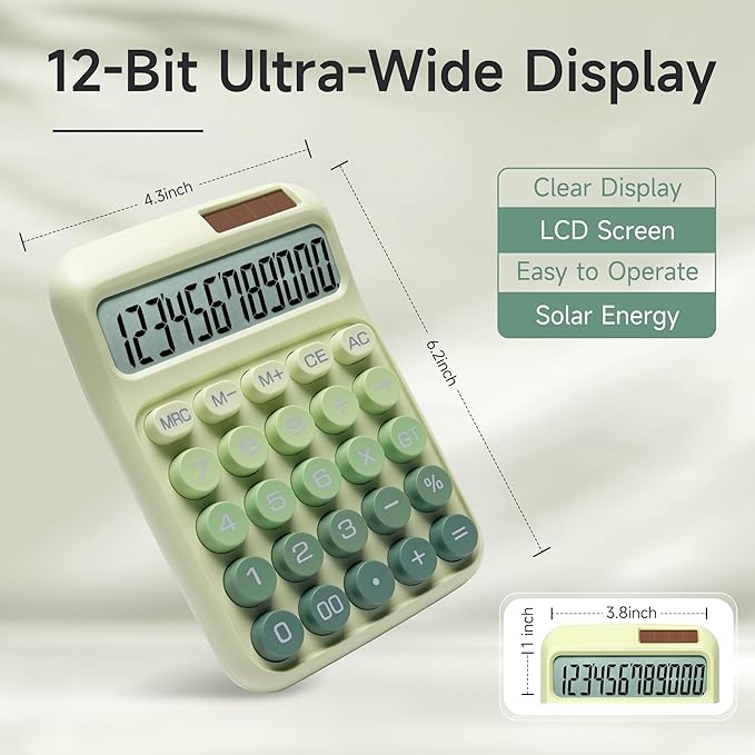 Desk Calculator,12 Digits, Large LCD Display,Big Buttons,Solar and Battery Dual Power Desktop Calculators,Cute and Aesthetic (Ombre Green, M)