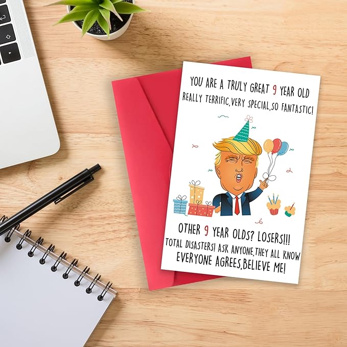 Funny Trump 9th Birthday Card for Boy Girl, Humorous Donald 9th Birthday Card Gift for Son Daughter Him Her, Best 9 Year Old Birthday Decoration for Niece Nephew