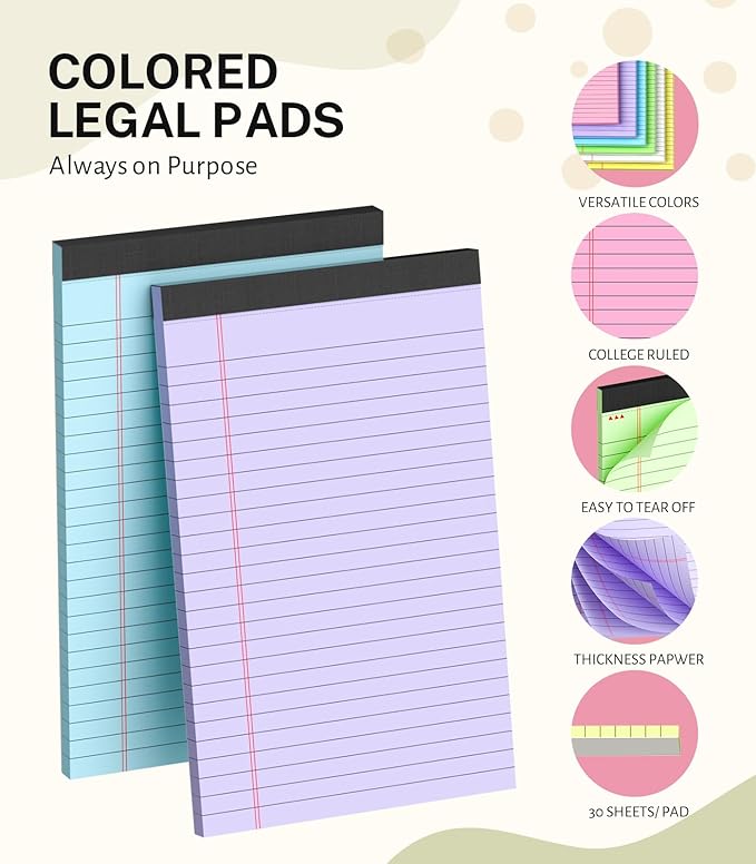 Note Pads 5x8, Narrow Ruled Legal Pad, Multicolor Small Notepads, 30 Sheet/notepad, 8 Pack Colored Legal Pads, Pink Legal Pad, Purple Notepad, Perforated Lined Note Pads for Study, Office, To-Do Lists