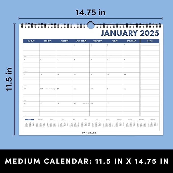 PAPERAGE Calendar 2025-12 Month (Navy), Minimalist Wall and Desk Calendar with Monthly Views and Yearly Plans – Medium (11.5 in x 14.75 in)