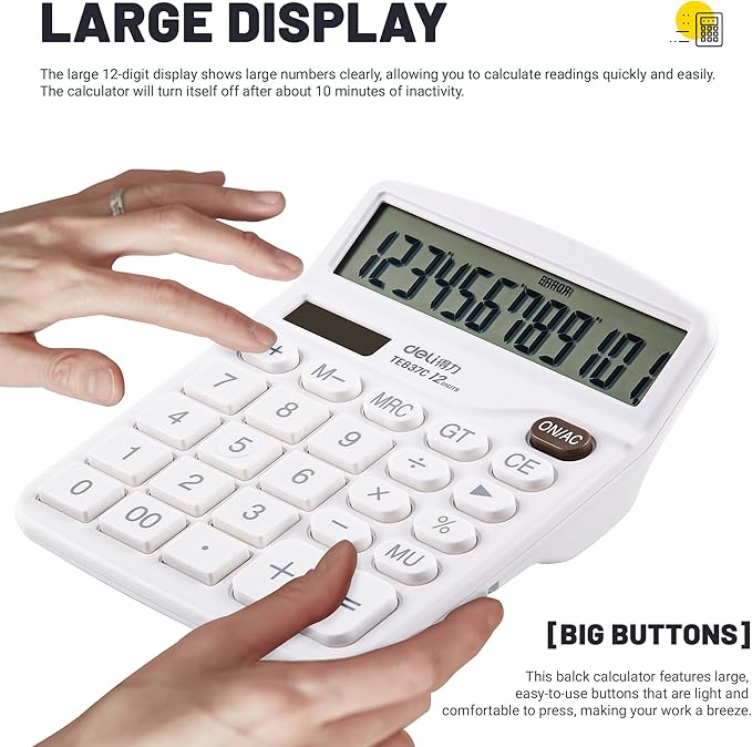 Golcellia Calculators Desktop, White Calculator, Cute Calculator 12 Digit Desk Calculator Large Display, Dual Power Solar Battery, Office Home School Supplies for Adults & Students