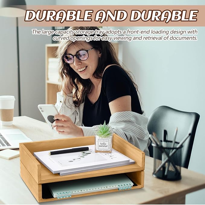 Yeaqee 4 Pcs Stackable Paper Tray Letter Tray Desktop Letter Size Wood Desk Organizer Office Wooden Desk Shelf Paper Holder Folder Organization Rack for Mail File Letter Document (Light Wood Color)