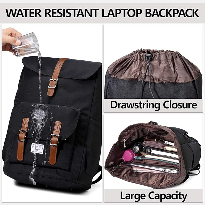Backpack for Men,Large Water Resistant Fashion Travel Drawstring Backpack Rucksack with Laptop Sleeve for School/Work/College/Adults Black