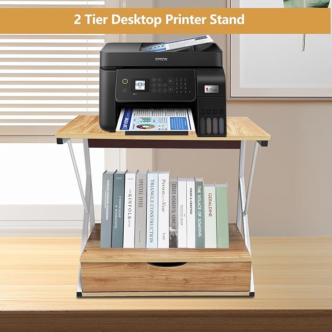 Printer Stand for Desk,2 Tier Desktop Printer Stand,Home Printer Stand with Storage Drawer,Small Printer Table,Desk Organizer Shelf for Top of Desk,Printer Rack for Fax Machine,Scanner-Oak