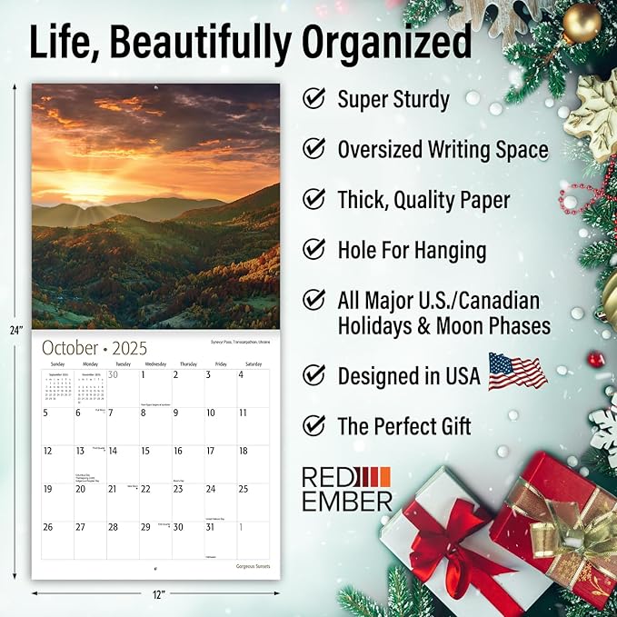 RED EMBER Gorgeous Sunsets 2025 Wall Calendar 12 Month | 12" x 24" Open | Thick & Sturdy Paper | Giftable | Calendar 2025