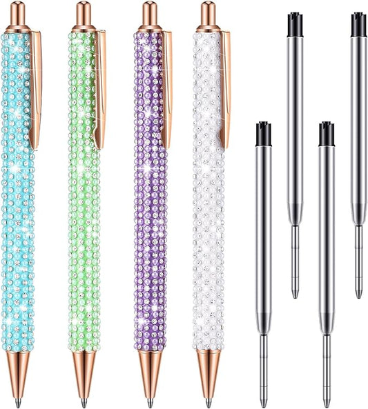 Ireer 4 Pcs Bling Rhinestone Sparkly Pens for Women Diamond Ink Crystal Glitter Metal Ballpoint Bedazzled Fancy Pens 4 Pcs 1.0mm Refills(Purple,Green,Blue,White)