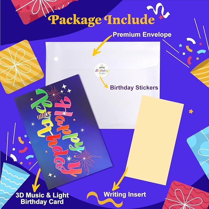 3D Pop-Up Birthday Card with LED Lights & Blowable Candle – Interactive Music Greeting Card for Women, Men, Kids Blue