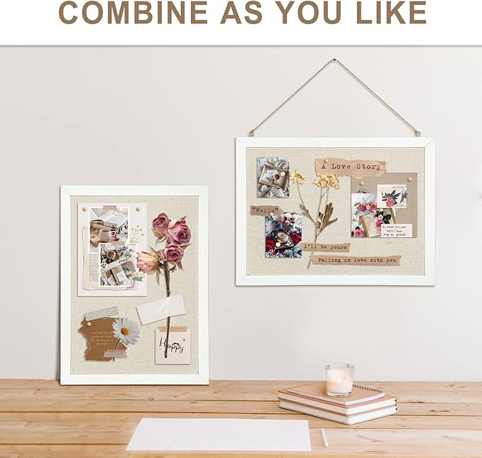 2-Pack Double-Sided Cork Board with Linen, 16" x 12" Hanging Wood Framed Bulletin Board, Picture Display Vision Board Kit Corkboards for Wall School Office Decor, 20 Pushpins (Vintage White)